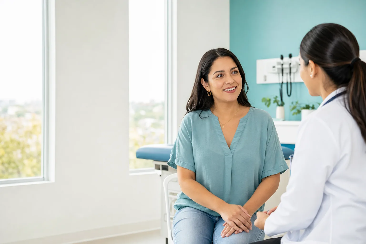 Paciente conversando con su médica en un consultorio luminoso